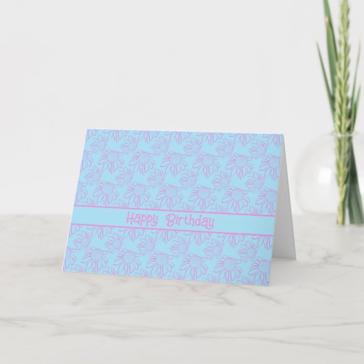 Pink Line Blume Muster Lt Blue Happy Birthday Karte (Vorderseite)