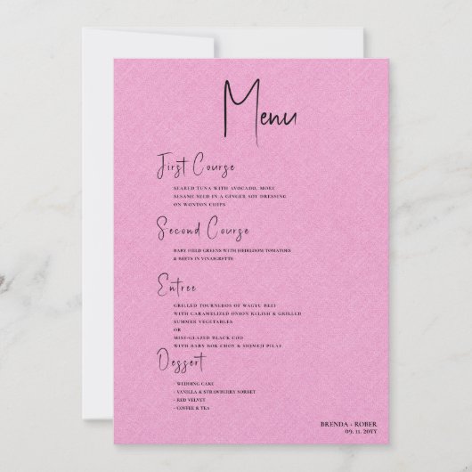 Pink Linen Einfaches Black Script Wedding Menu Einladung (Vorderseite)
