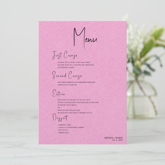 Pink Linen Einfaches Black Script Wedding Menu Einladung (Stehend Vorderseite)