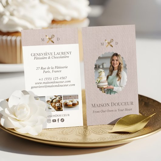 Pink Linen Elegant Chic Bakery Gold Whisk Photo Visitenkarte