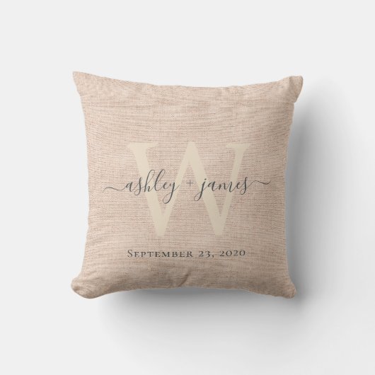 Pink Linen Gray Ivory Monogram Wedding Keepake Kissen (Vorderseite)