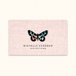 Pink Linen Watercolor Butterfly Logo Elegant Visitenkarte