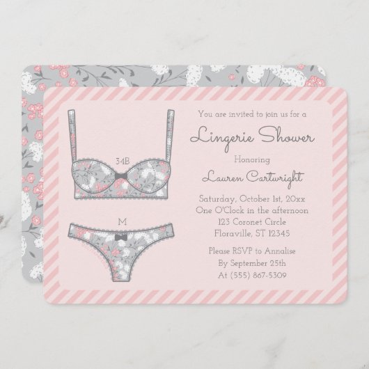 Pink Lingerie Dusche Graue Blume Einladung (Vorne/Hinten)