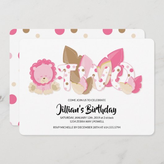 Pink Lion Einladung zum zweiten Geburtstag (Vorne/Hinten)