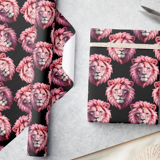 Pink Lion Head Animal Pattern Design - Black Geschenkpapier