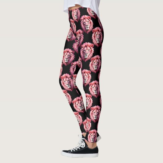 Pink Lion Head Animal Pattern Design - Black  Leggings (Links)