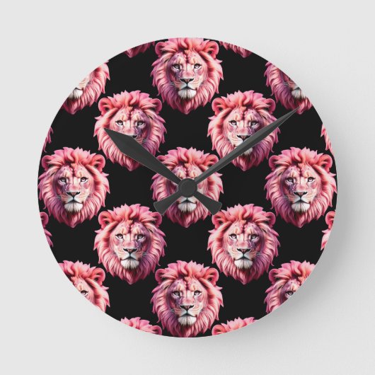 Pink Lion Head Animal Pattern Design - Black Runde Wanduhr (Vorderseite)