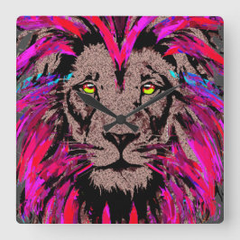 Pink Lion Head - Lion Clock - Lion Face Portrait  Quadratische Wanduhr