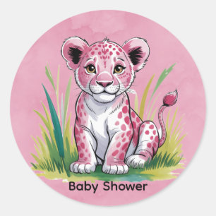 Pink Lion Watercolor Girl Babydusche Runder Aufkleber