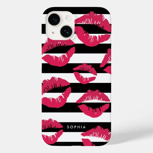 Pink Lip Print Kisses Black & White Strip Case-Mate iPhone Hülle (Rückseite)