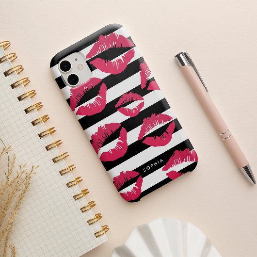 Pink Lip Print Kisses Black & White Strip Case-Mate iPhone Hülle