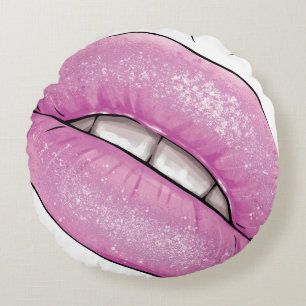 Pink-Lippenfarbenglanz mit Zähnen Rundes Kissen