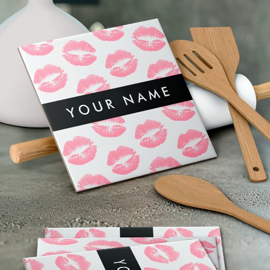 Pink Lips, Kiss, Lipstick, Ihr Name, Personalisier Fliese