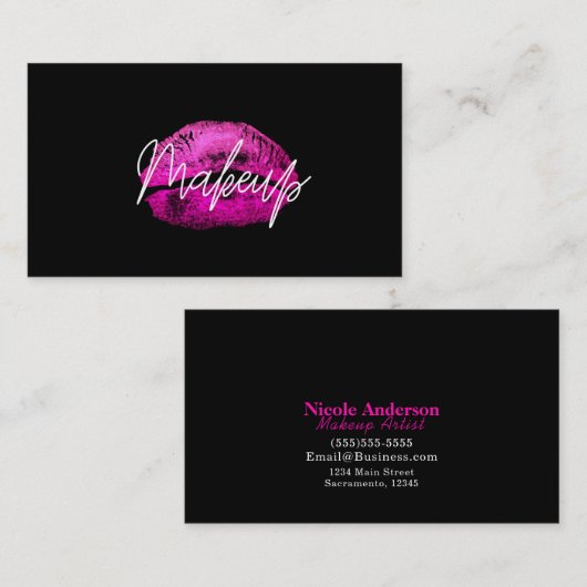 Pink Lips Kiss Makeup Beauty Glam Chic Black Visitenkarte (Vorne/Hinten)