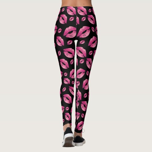 Pink Lips Pattern Black Leggings (Rückseite)