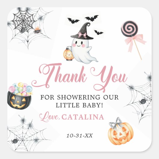 Pink Little Boo Babydusche Niedlich Ghost & Pumpki Quadratischer Aufkleber (Vorderseite)
