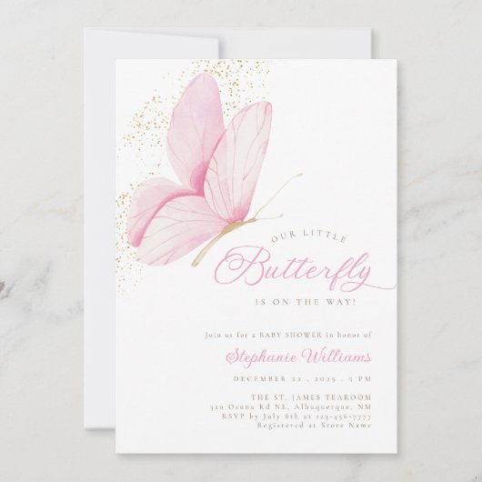 Pink Little Butterfly Baby Dusche Einladung (Vorderseite)