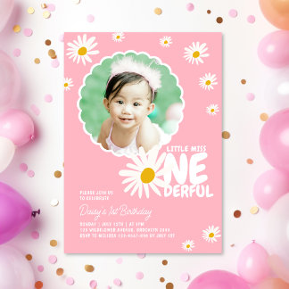 Pink Little Miss ONEderful Daisy Foto Geburtstag Einladung