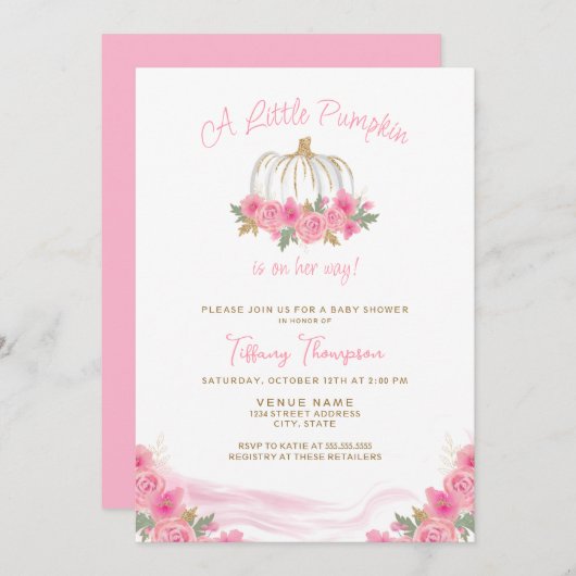 Pink Little Pumpkin Fall Girl Babydusche Einladung (Vorne/Hinten)