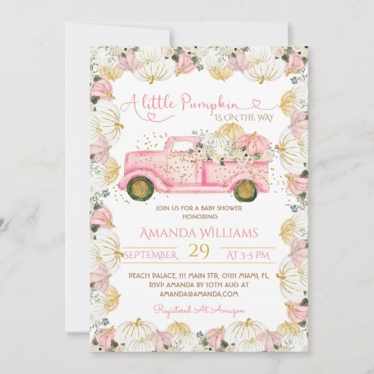 Pink Little Pumpkin Fall Kinderdusche Einladung (Vorderseite)