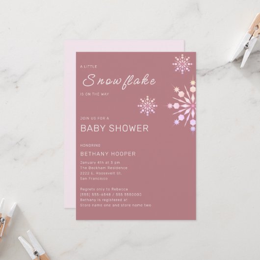 Pink Little Snowflake Girl Babydusche Einladung (Vorderseite/Rückseite Beispiel)