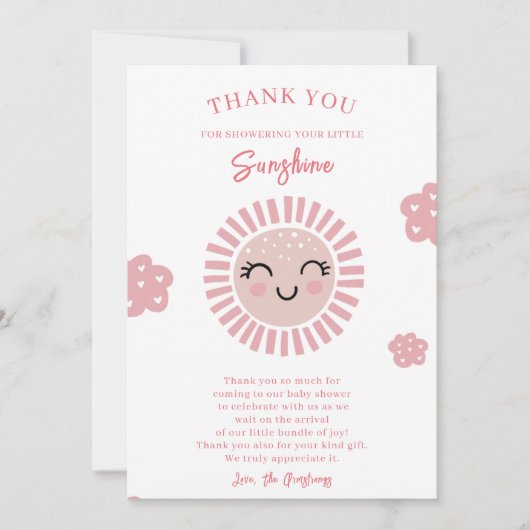 Pink Little Sunshine Girl Baby Dusche Dankeskarte (Vorderseite)