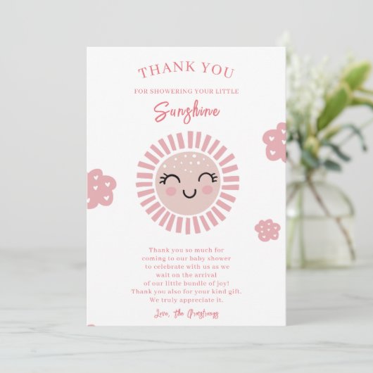 Pink Little Sunshine Girl Baby Dusche Dankeskarte (Stehend Vorderseite)