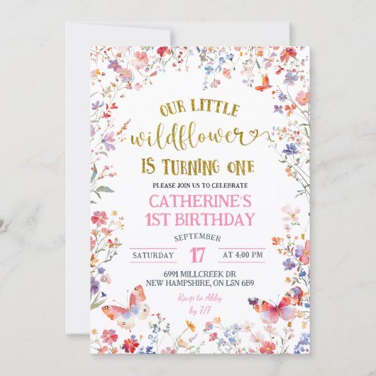 Pink Little Wildflower Girl 1st Birthday Einladung (Vorderseite)