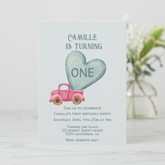 Pink LKW & Herzgeburtstag Einladung (Stehend Vorderseite)