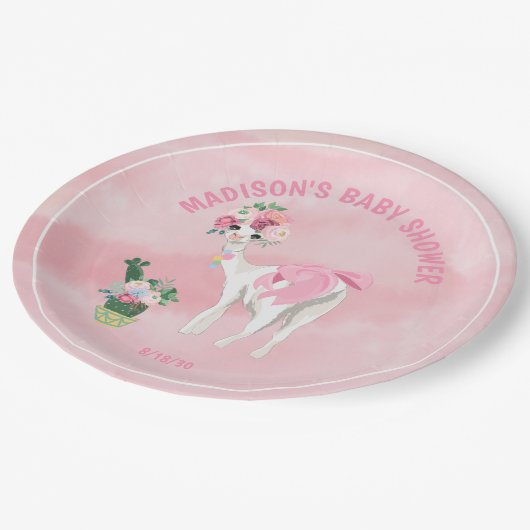 Pink Llama Alpaca Girls Babydusche Pappteller (Schrägansicht)