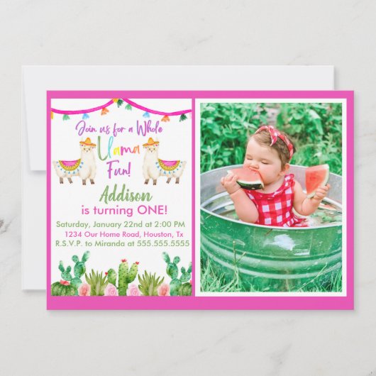 Pink Llama/Cactus Fiesta Foto Einladung (Vorderseite)