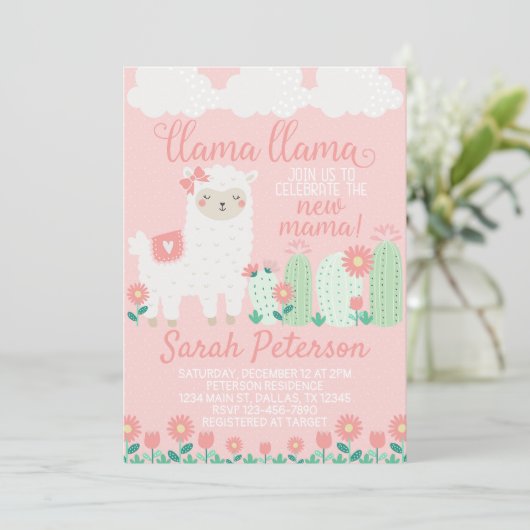 Pink Llama Kinderdusche Einladung (Stehend Vorderseite)