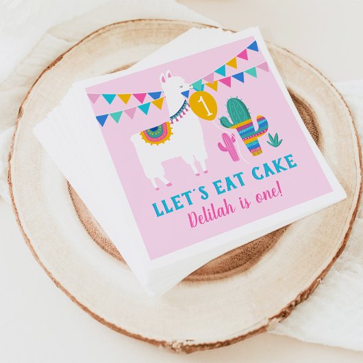 Pink Llama Llet's Eat Cake Birthday Girl Party Serviette