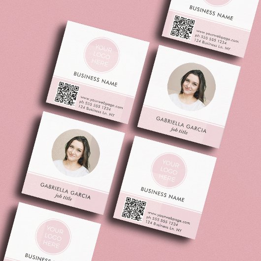 Pink Logo QR Code Photo Square Business Card Quadratische Visitenkarte