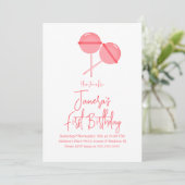 Pink Lollipops Candy Bar First Birthday Einladung (Stehend Vorderseite)