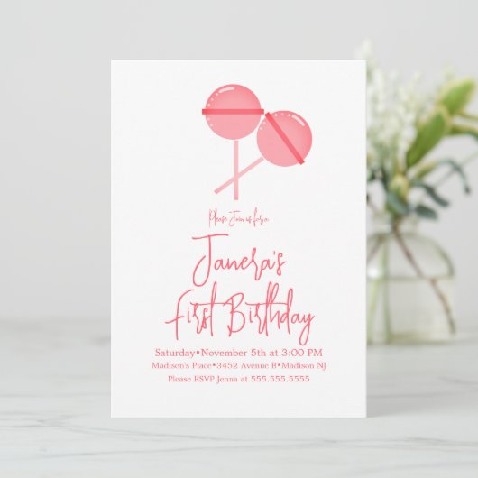 Pink Lollipops Candy Bar First Birthday Einladung (Stehend Vorderseite)