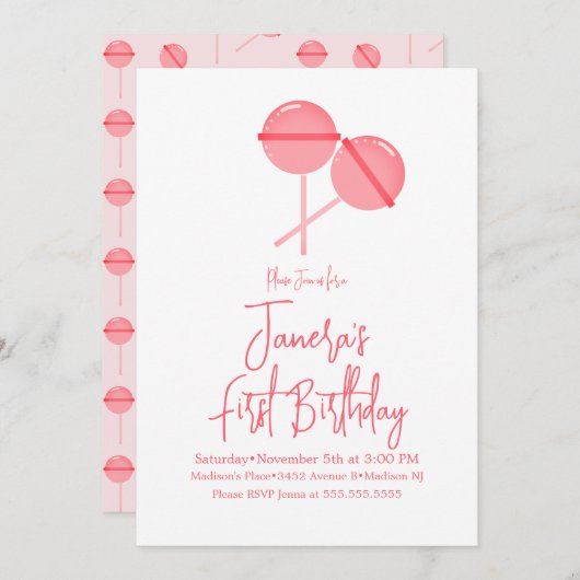 Pink Lollipops Candy Bar First Birthday Einladung (Vorne/Hinten)