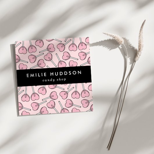 Pink Lollipops, Heart Lollipops, Lolly, Candy Shop Quadratische Visitenkarte