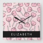 Pink Lollipops, Heart Lollipops, Lolly, Your Name Quadratische Wanduhr (Vorderseite)