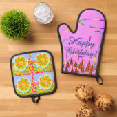 Pink Loops Feierliches Glück Geburtstag Ofenhandschuh & Topflappen-Set (Oben Unten)