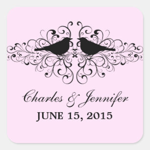 Pink Love Bird Wirbel Hochzeitsticker Quadratischer Aufkleber