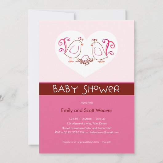 Pink Lovebirds und Nest Baby Shower Einladungen (Vorderseite)