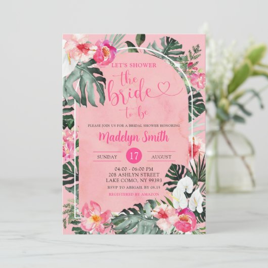 Pink Luau Hibiskus Tropisches Brautparty Einladung (Stehend Vorderseite)