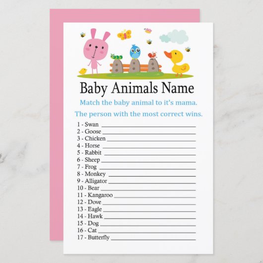 Pink lustiges Kaninchen Baby Tiere Name Spiel (Vorne/Hinten)