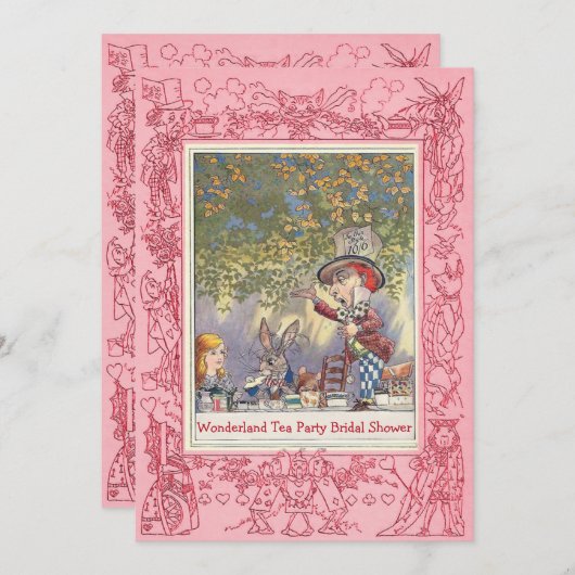 Pink Mad Hatter's Tea Party Brautparty Einladung (Vorne/Hinten)