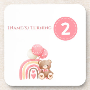 Pink mädchenhaft 2. Geburtstag Regenbogen, Teddy & Getränkeuntersetzer
