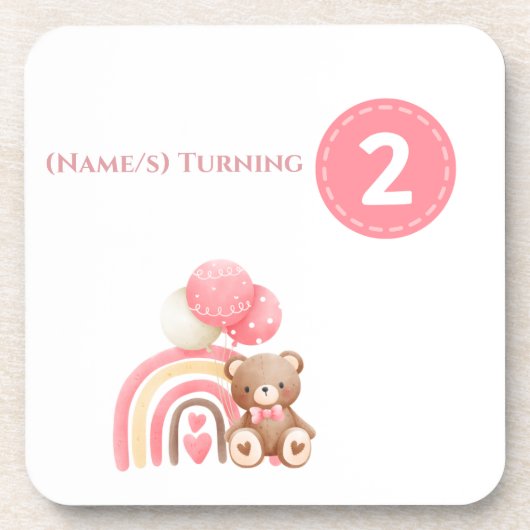 Pink mädchenhaft 2. Geburtstag Regenbogen, Teddy & Getränkeuntersetzer (Vorderseite)