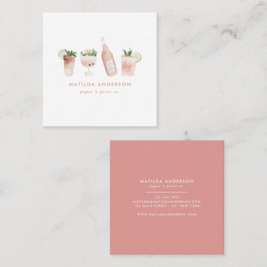 Pink mädchenhaft moderne Getränke Cocktail Wein Aq Quadratische Visitenkarte (Vorne/Hinten)