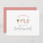 Pink mädchenhafte Aquarellgetränke Brautjungfrau Einladung (Vorne/Hinten)