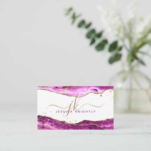 Pink Magenta Agate Gold Glitzer Monogram Script Visitenkarte (Stehend Vorderseite)